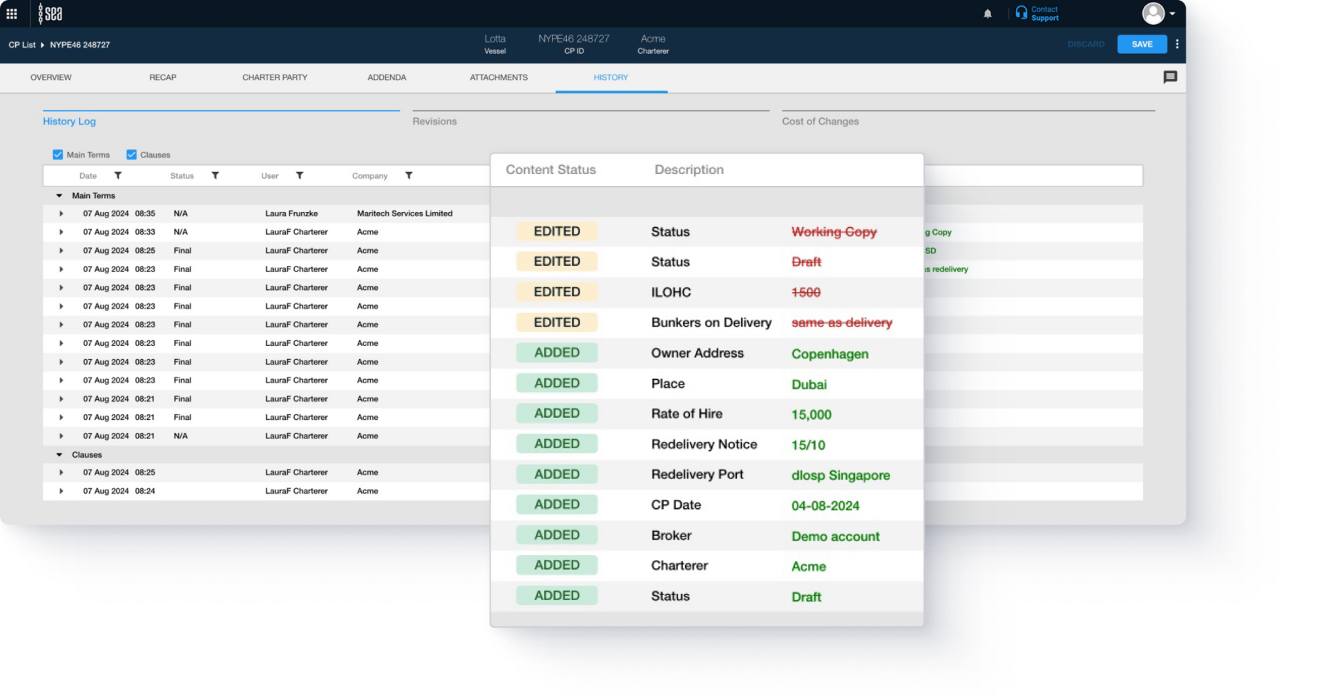 Sea Contract Management solution - History Log
