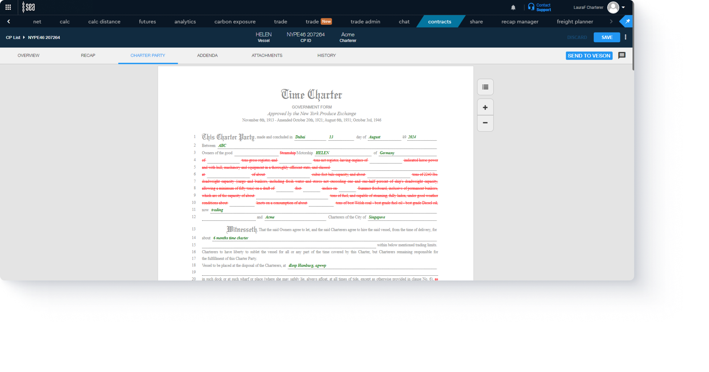 Sea Contract Management solution - Summary of all changes within a charterparty