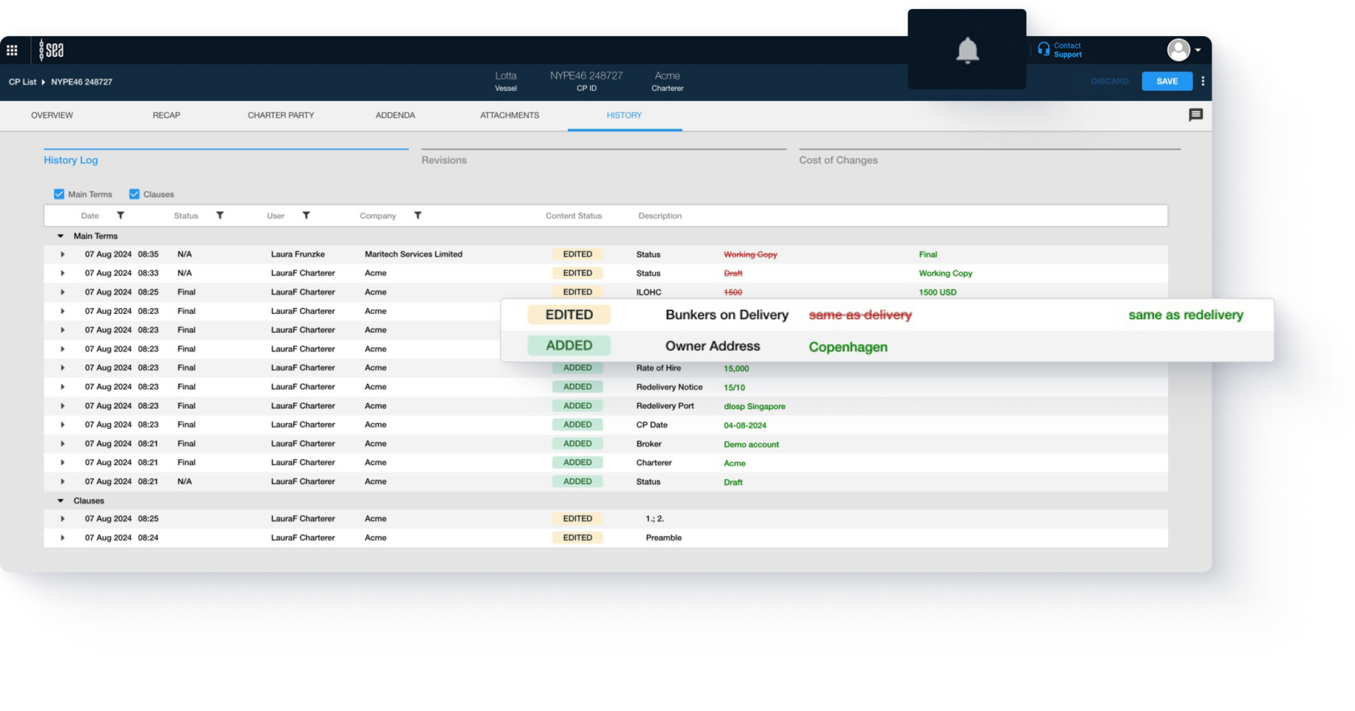 Sea Contract Management solution - Notifications for any changes