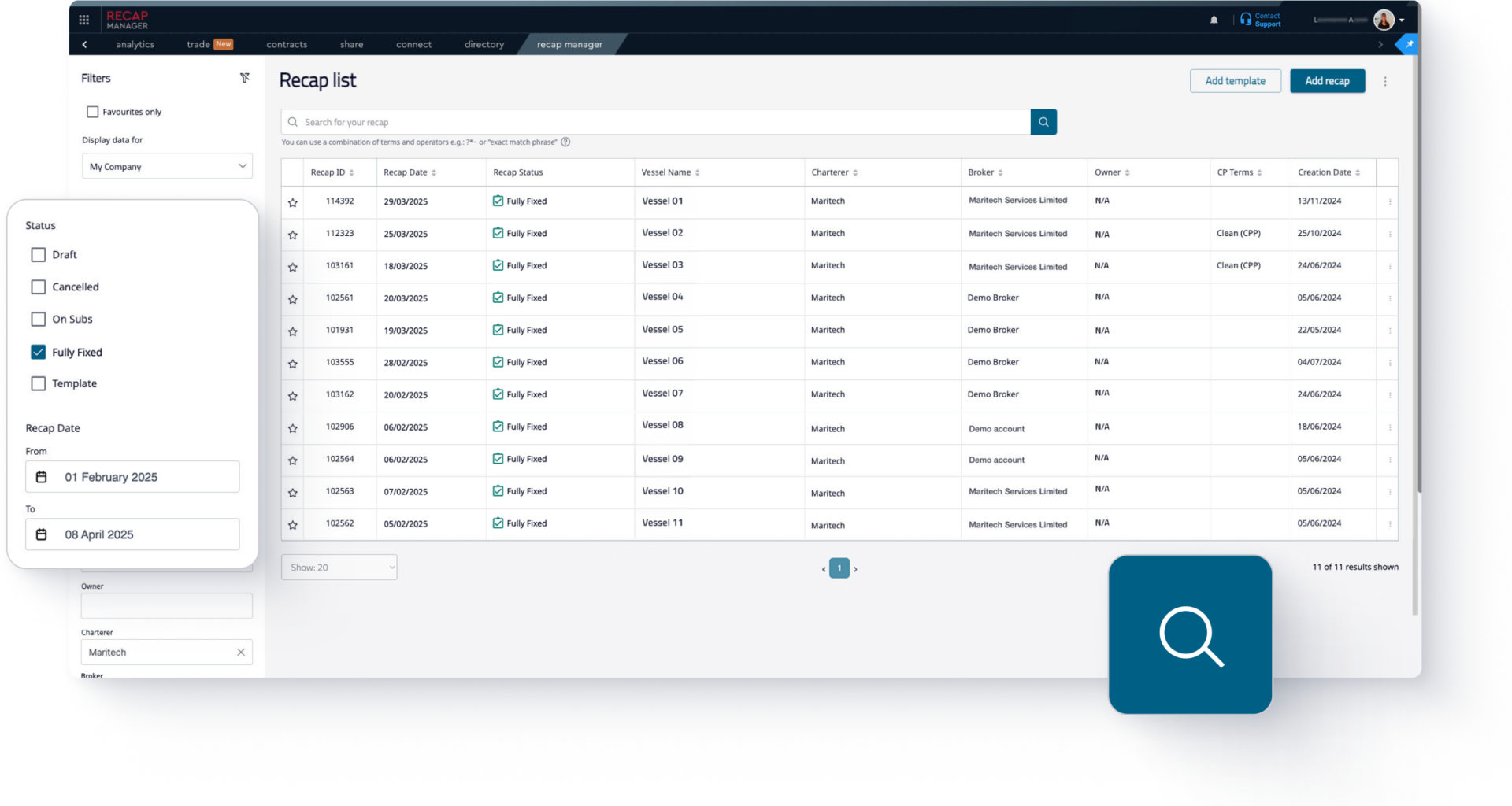 Sea Contract Management solution - Charterparty List